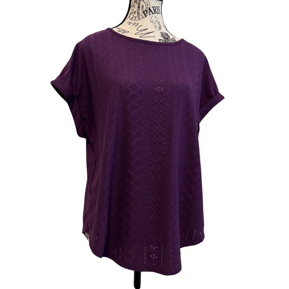 Women's Eyelet Purple Round Neck Relaxed Fit Short Sleeve Large Blouse Top